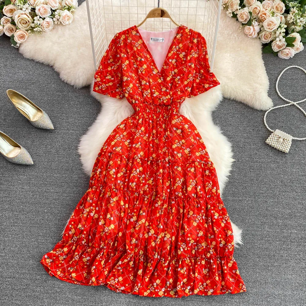 

French Vintage V Neck Floral Print Long Dress Summer Party Women Elastic Waist Vestido De Festa Elegant Beach Tunic Vestidos
