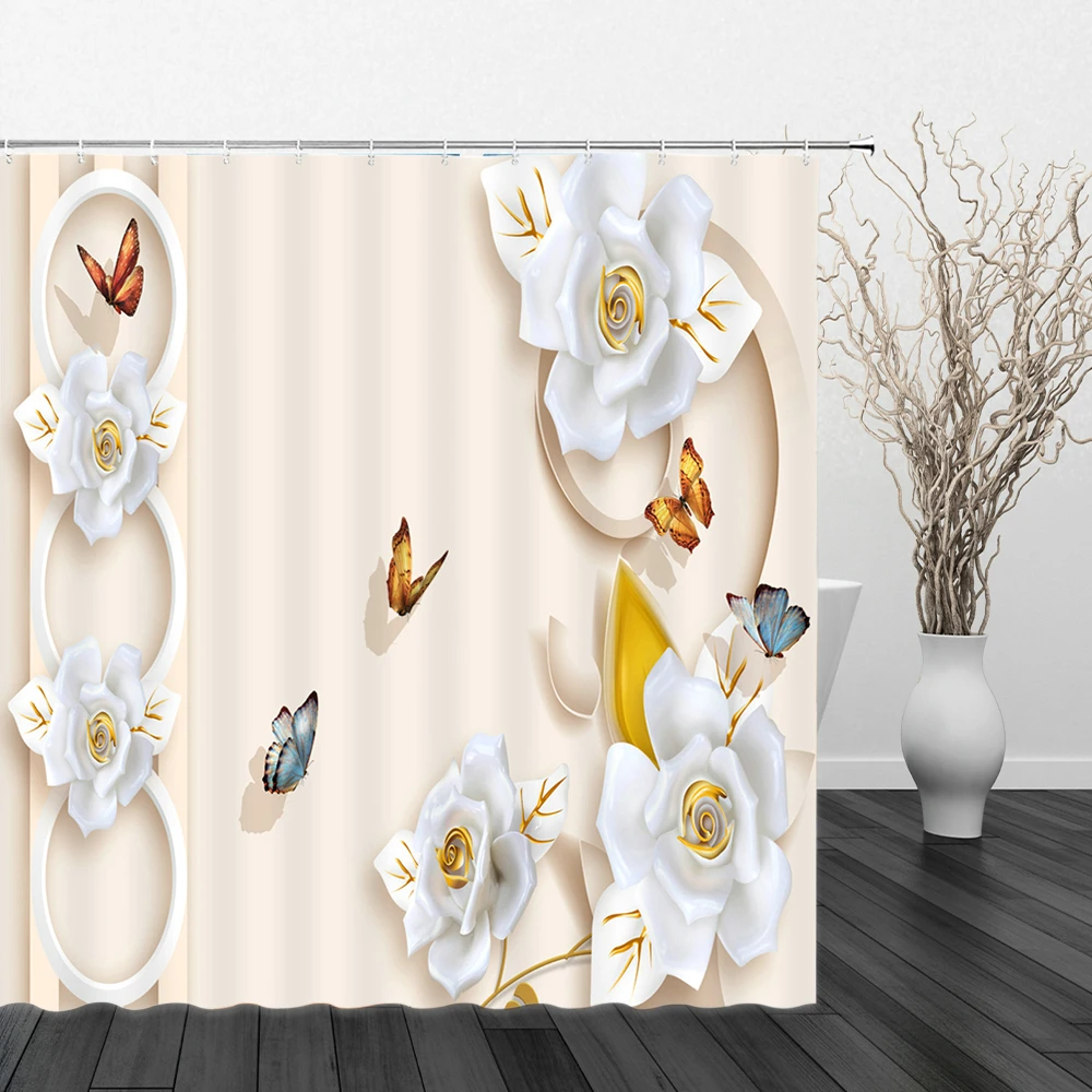 

3D Flower View Shower Curtain Peony Lotus Flowers Bird Peacocks Butterfly Fish Pattern Waterproof Bath Curtains Bathroom Screens