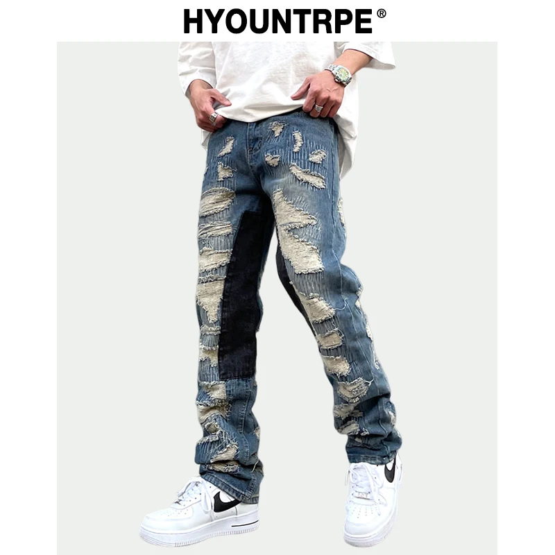 Destroy Ripped Scratched Patchwork Denim Jeans Mens Casual Straight Biker Zipper Trousers Streetwear Hip Hop Jean Pants Joggers