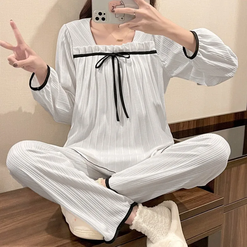 2022 Spring Autumn New Sweet Court Fengmu Ear Square Neck Pajamas Women's Lovely Bow Long Sleeve Home Clothes Female Sleepwear