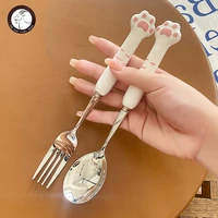 304 stainless steel cute cat claw ceramic spoon fork chopsticks dinnerware sets portable reusable kitchen tableware
