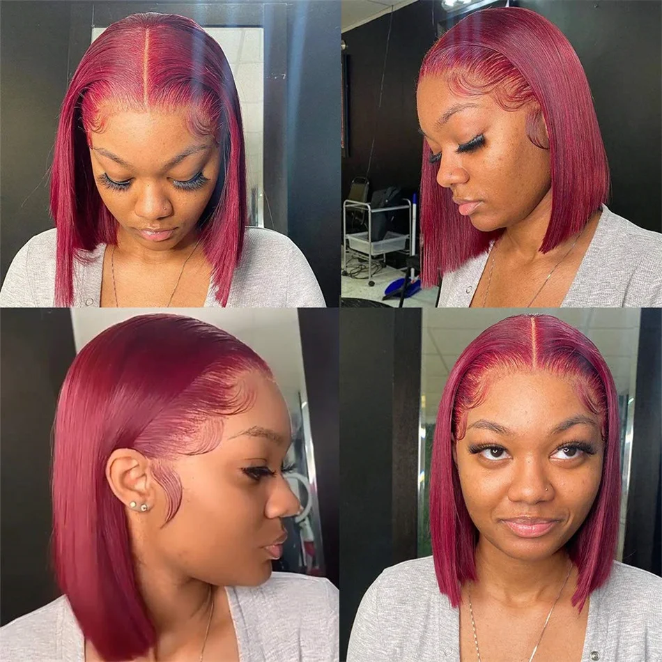 Ombre Burgundy 99j Парик Фронта Шнурка 13x4 Человеческие Волосы В Стиле Боб Со Швейцарским