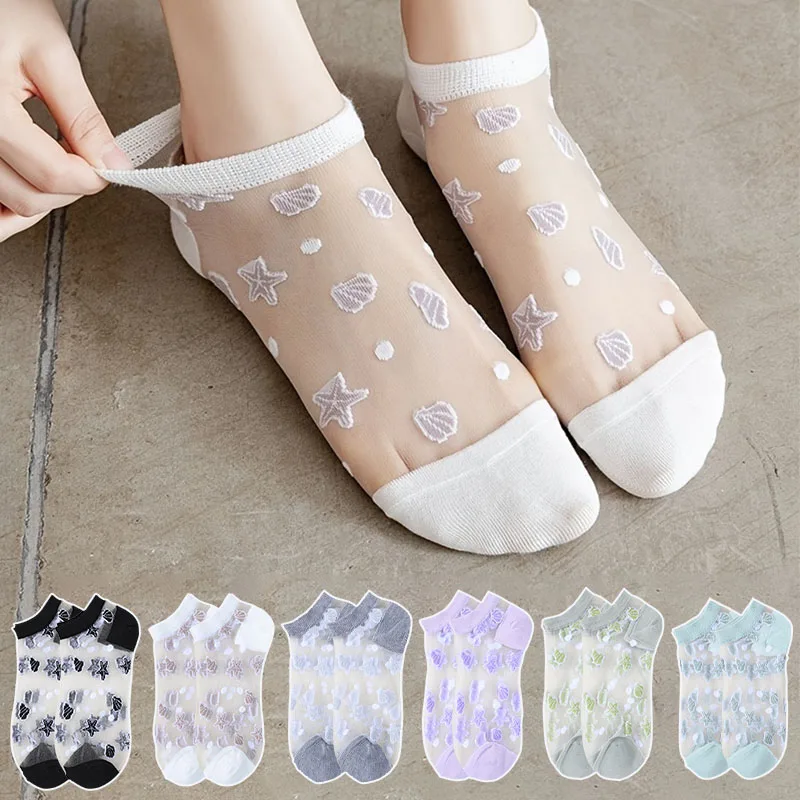 5 Pairs/Lot Women Boat Socks Summer Thin Fashion Breathable Kawaii Sock Crystal Glass Silk Comfortable Soft Girl Ankle Sox Meia