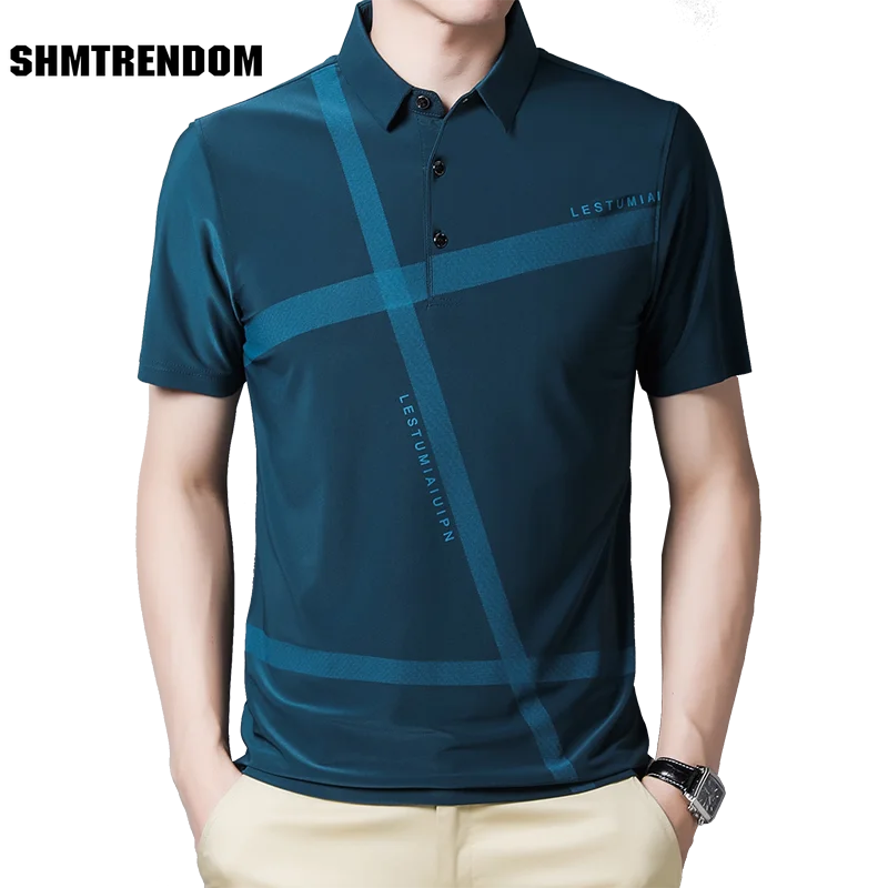 

SHMTRENDOM Summer Tee Shirt Men Casual Anti-wrinkle Slim Fit Turn-down Collar Tshirt Thin Breatbable Geometric Graphic T Shirts