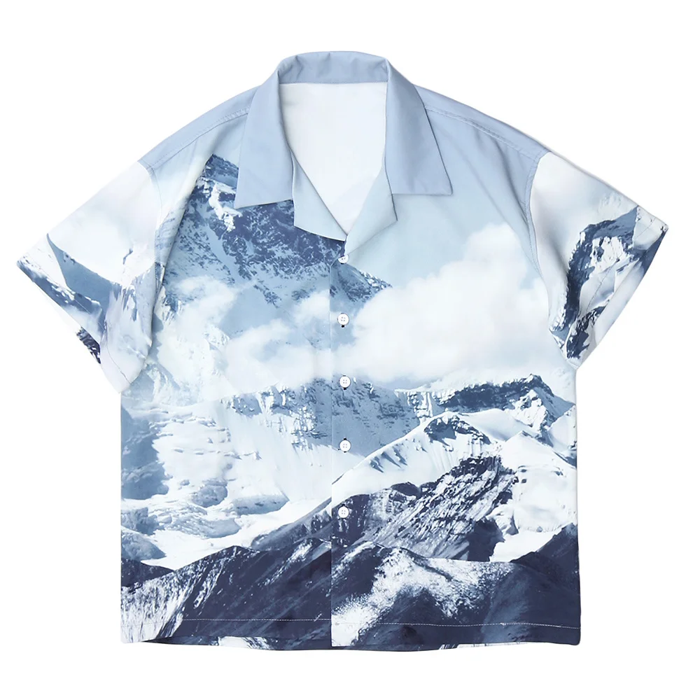 KKAYCATE Snow Mountain Printed Casual Short Sleeve Button Shirt 2022 Summer Hip Hop Streetwear Graphic Lapel T Shirts Men Tees