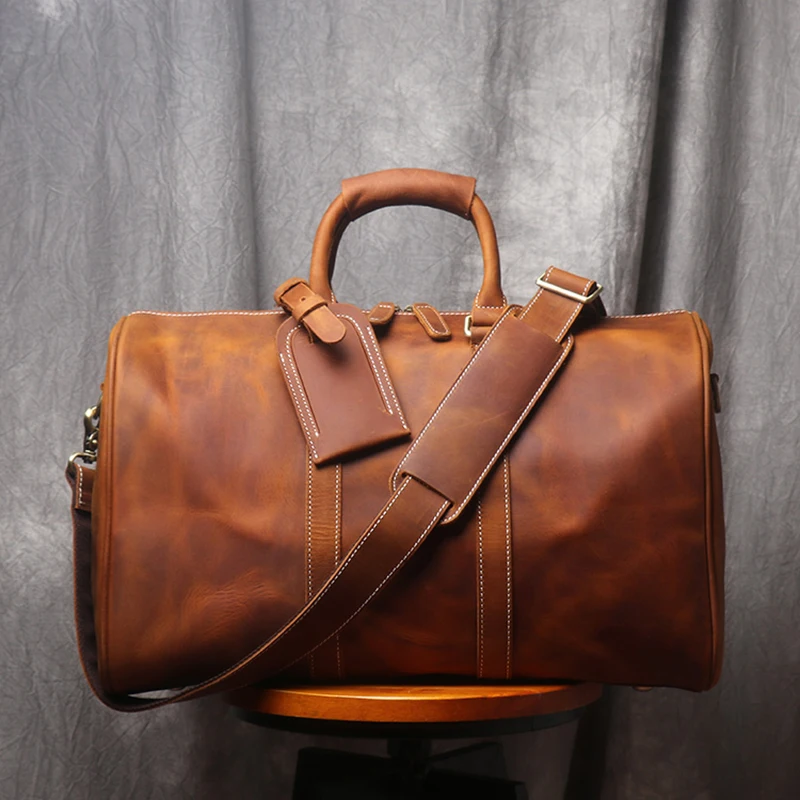 Vintage Men's Cowhide Leather Short-distance Carry Hand Luggage Bags Weekend Fitness Large Travel Duffle Bag Messenger Bags