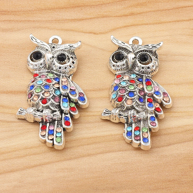 

5 Pieces Colorful Crystal Rhinestones Cute Standing Branch Bird Owl Animal Charm Pendant For Necklace DIY Jewelry Making Finding