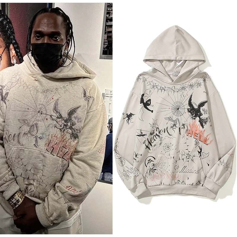 

2023 Harajuku Retro Kapok Graffit Casual Hooded Hoodies Men and Women Streetwear Oversized Terry Sweatshirts Loose Hip Hop Hoody