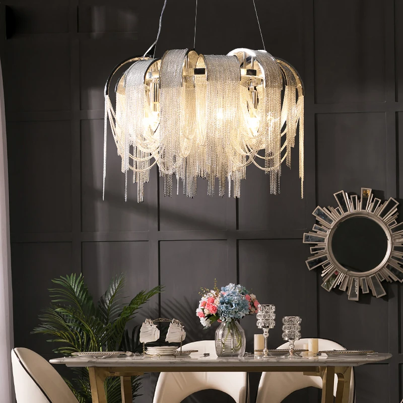 

Italian Light Luxury Chain Tassel Living Room Chandelier LED Postmodern Restaurant Bedroom Villa Hotel Engineering Designer Lamp
