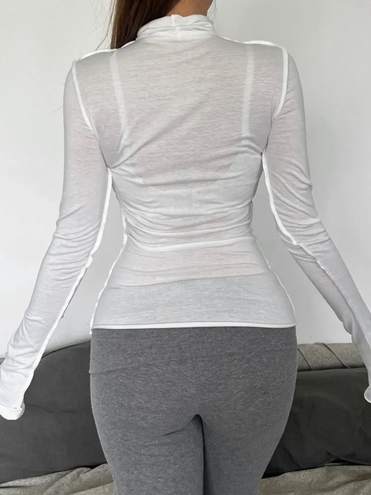 Camisetas Уличная одежда Тонкие футболки для женщин Прозрачный топ Y2k Белый с