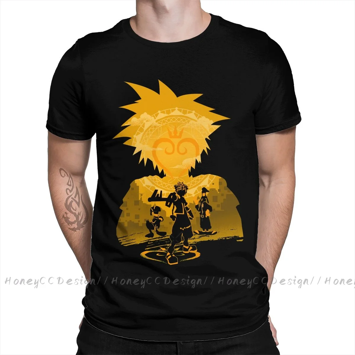 High Quality Men Kingdom Hearts Black T-Shirt Keyblade Sora Silhouette Pure Cotton Shirt Tees Harajuku TShirt