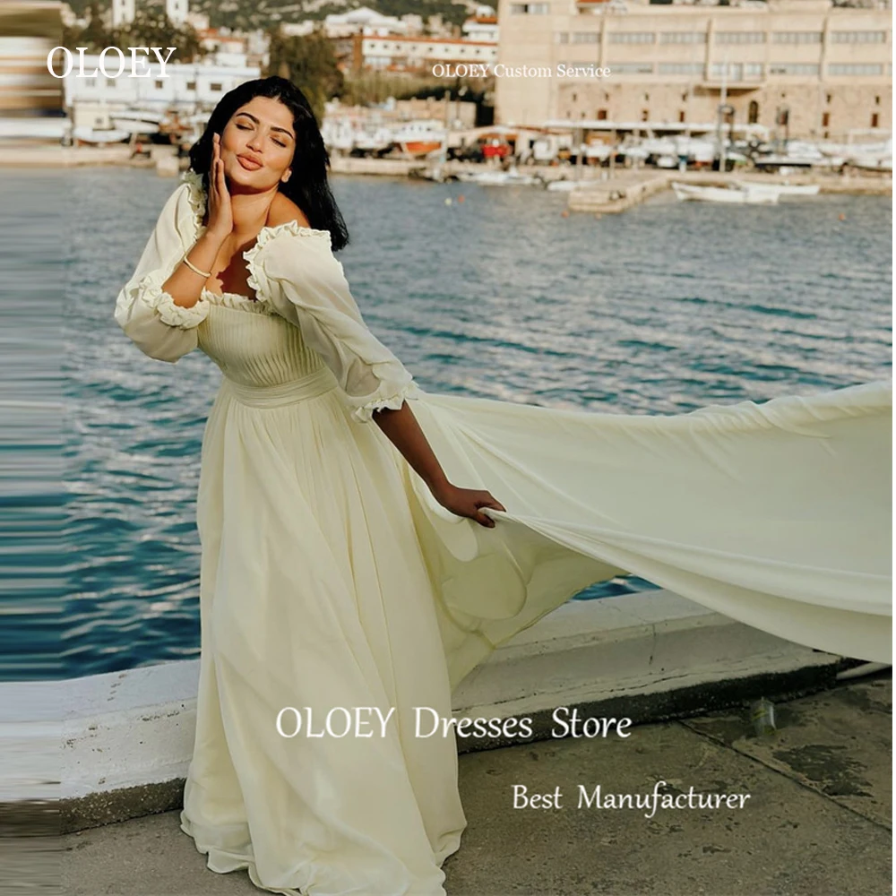 

OLOEY Dubai Arabic Women Vintage Prom Evening Dresses Long Sleeves Square Neck Train Formal Occasion Dress 2023 Vestido de noche