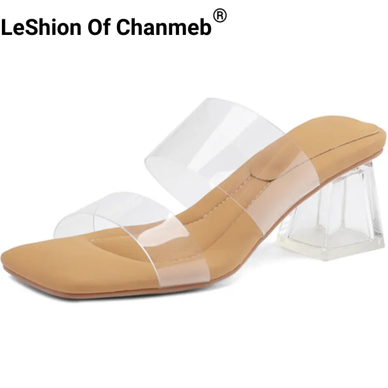 

LeShion Of Chanmeb Chic Elegant Women Clear Jelly Slippers Block Heels Transparent Medium Heel Slides Summer Beach Crystal Shoes