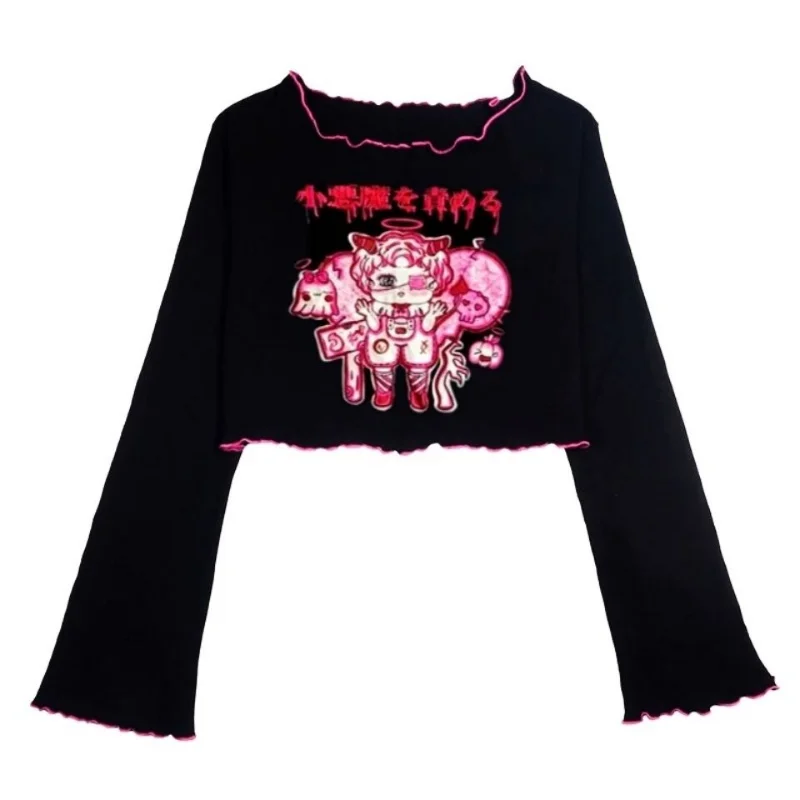 

2023 Y2k Clothes Japanese Harajuku High Street Tops O Neck Stripe Contrast Color Long Sleeve Tees Cartoon Print Women T-shirts