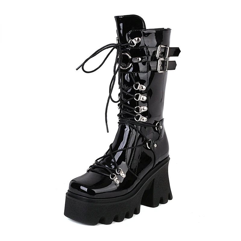 

Autumn Winter Women Mid Calf Boots Buckle Strap Outside Footwear Platform Shoes Punk Goth Woman Demonia Boots