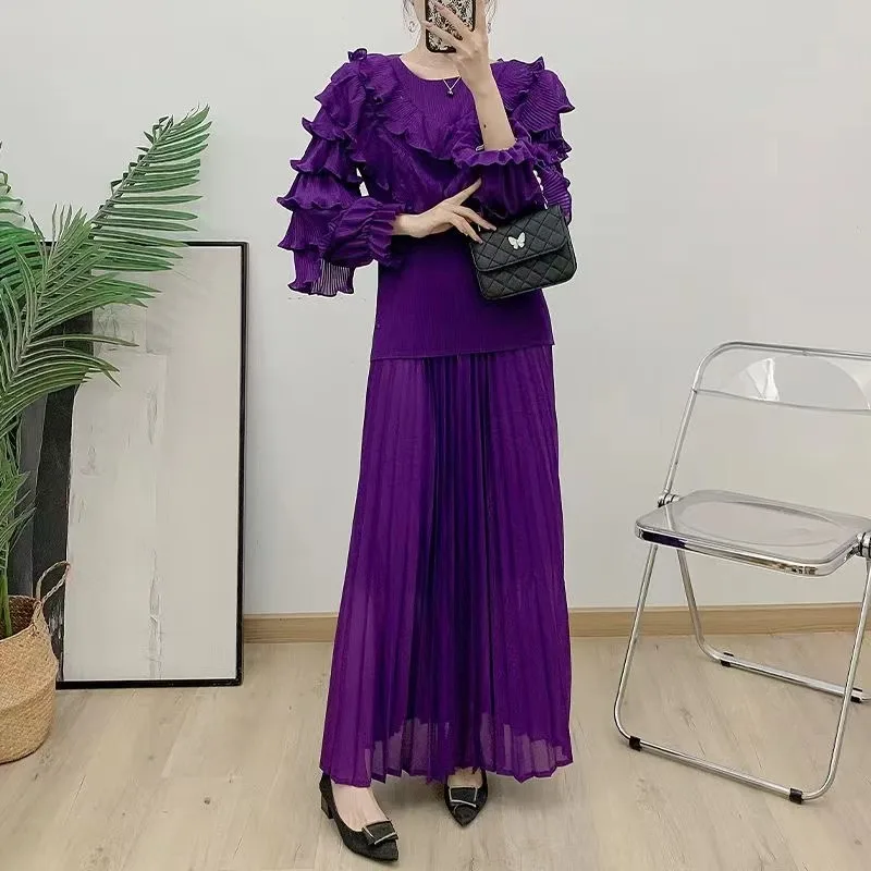 Женский костюм EGRM Miyake из двух предметов однотонный модный высокого качества с