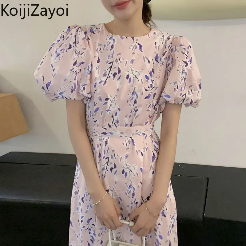 

Koijizayoi Women's Summer Flower Maxi Dress Puff Sleeves O Neck Bodycon A Line Dresses 2022 New All Match Sweet Vestidos Outwear