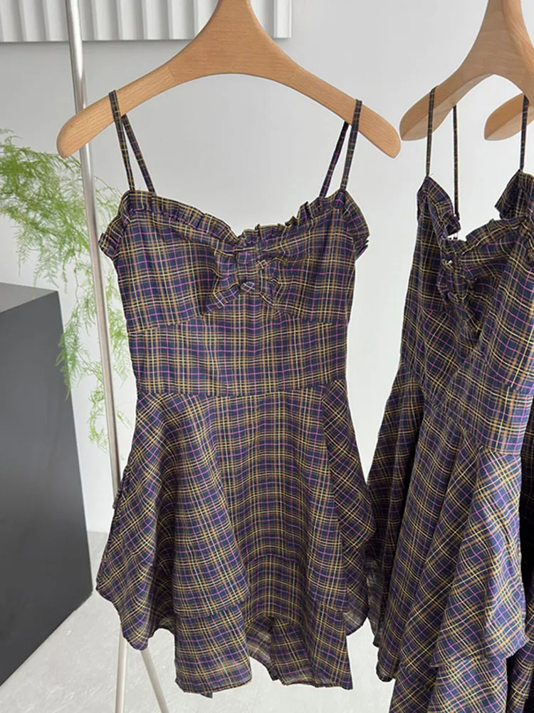 Винтажное модное пикантное платье в стиле пэчворк на бретелях-спагетти Лето 2024