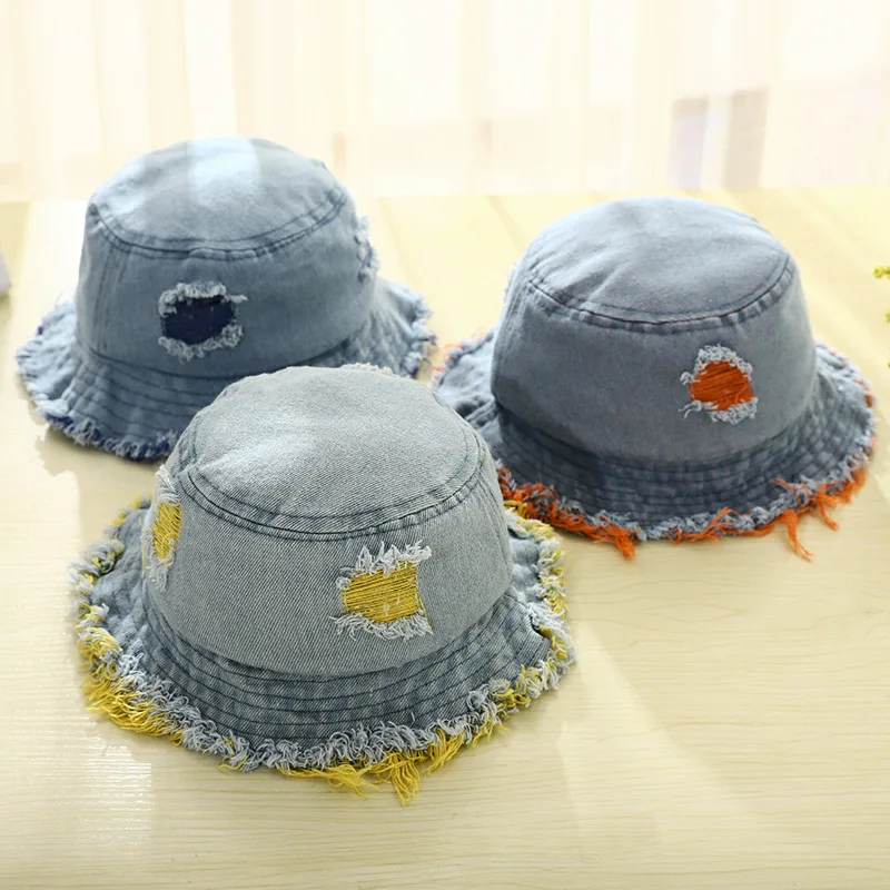 

New Children's Broken Hole Boys And Girls Basin Cap Flat Top Fisherman Hat