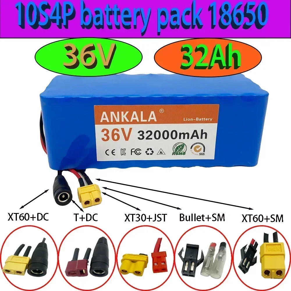 

New 36V 10s4p 32Ah 1000W Large Capacity 18650 Lithium Battery Pack Electric Bicycle Scooter with BMS XT60 Plug + Charger