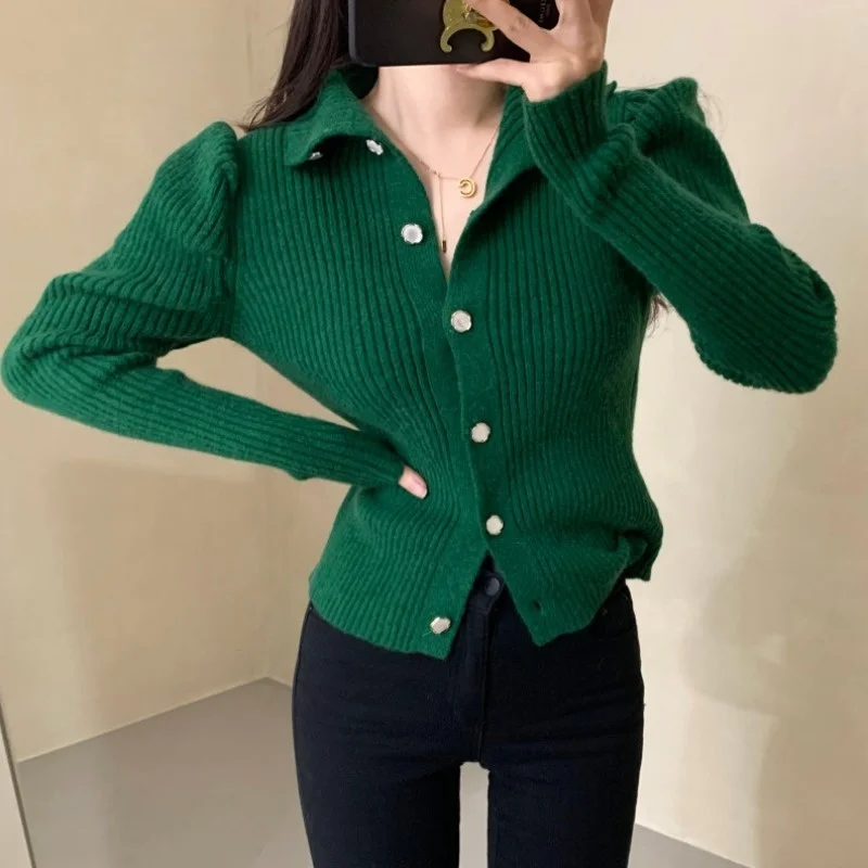 Bubble Sleeve Short Sweater Korean Chic Spring Simple Advanced Green Lapel Knitted Cardigan Single Breasted Womenshesam-B Nuyoah |