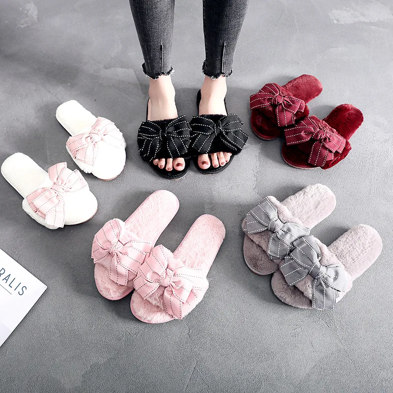 

Korean Version of the New MAO MAO Slippers Manual Bow Cotton Slippers Room Plush Non-slip Thermal Slippers Winter Wholesale Men