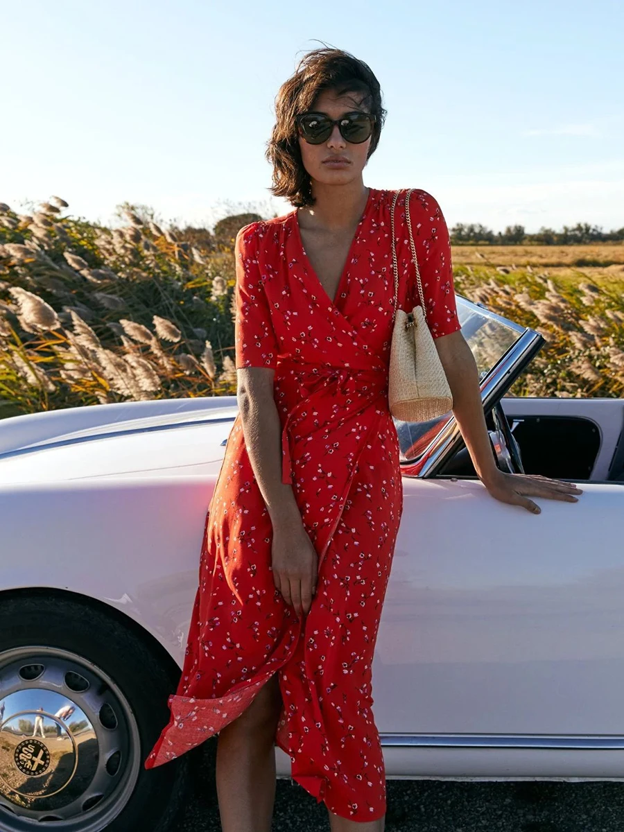 

Irregular Floral Midi Dress Elegant Woman Clothing V-Neck Short Sleeve Wrap Long Dresses Casual Chic Femme Vestidos Summer