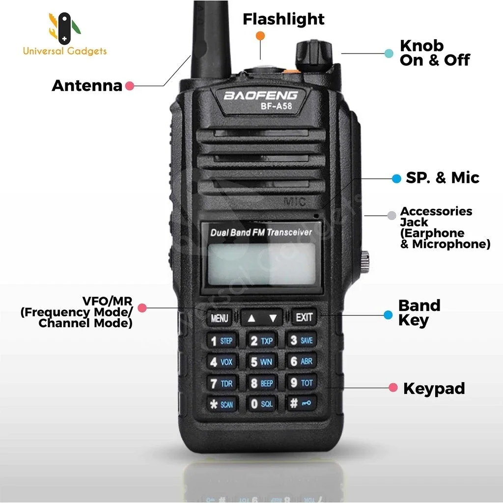 baofeng tri band walkie talkie bf a58 136 174200 260400 520mhz portable fm two way radio with earpiece ip 67 waterproof free global shipping
