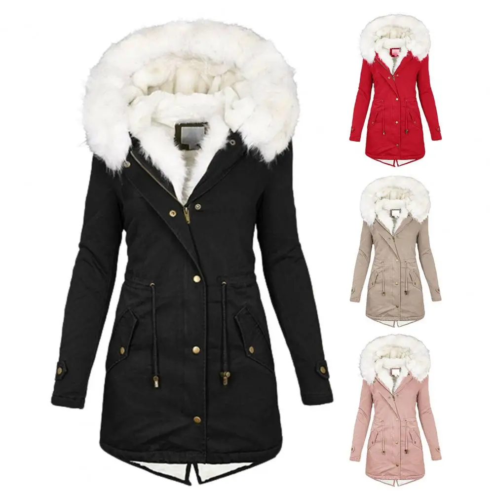 Removal Faux Fur Collar Long Sleeve Waist Drawstring Zipper Buttons Closure Back Split Pockets Women Coat Autumn Winter Hooded F