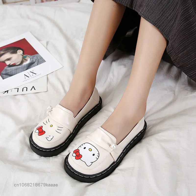 Hello Kitty Shoes JK Round Head Japanese Korean Style Flat Bottom Soft Leather Shoes Women Student Fashion Outside Lolita Shoes