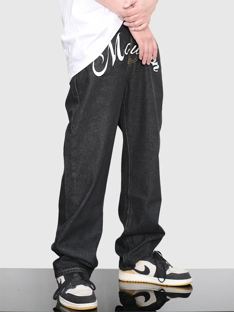 Four Seasons Men's Embroidered Letter Patchwork Washed Jeans Street Fashion Brand Loose Straight Pants Streetwear Ins Hot Sale