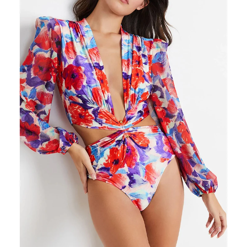 

MUOLUX 2023 Floral One Piece Swimsuit Women Sexy Swimwear Monokini Long Sleeve Printed Female BathingSuit Surfing Bodysuit Beach