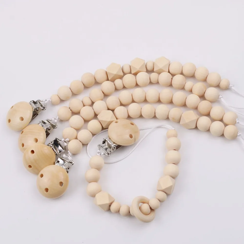 

1 Pcs Log Wooden Baby Pacifier Chain Geometric Food Grade Beads Teether Tiny Rod Dummy Clips Newborn Boys Girls Pacifier Holder