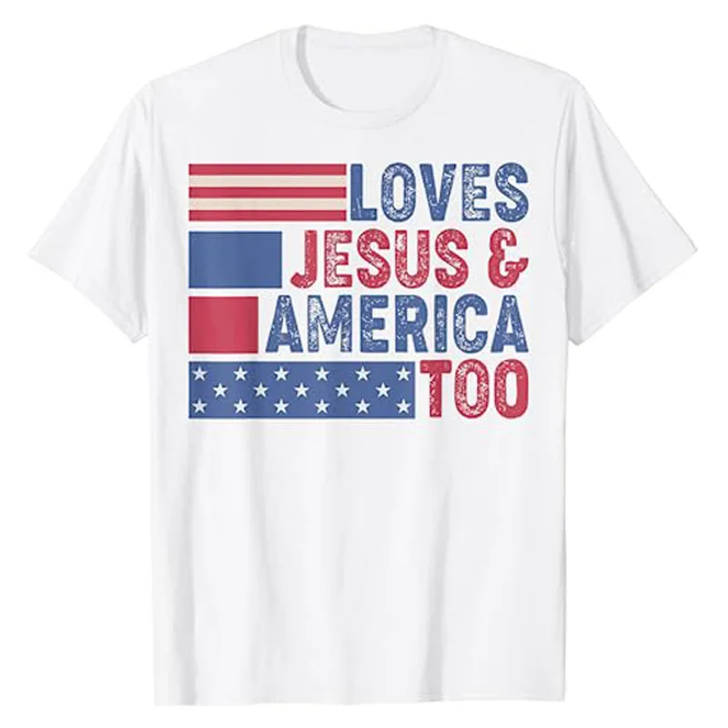 

Loves Jesus & America Too Christ 4th of July American Flag T-Shirt Funny Usa American Proud Us Flag Print Patriotic Graphic Tees