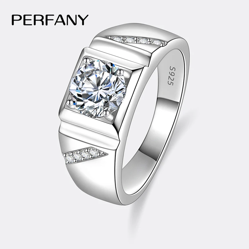 Фото PERFANY 1/2CT кольцо с муассанитом для мужчин S925 чистое серебро сверкающий бриллиант властное обручальное кольцо роскошные свадебные украшения подарок №1