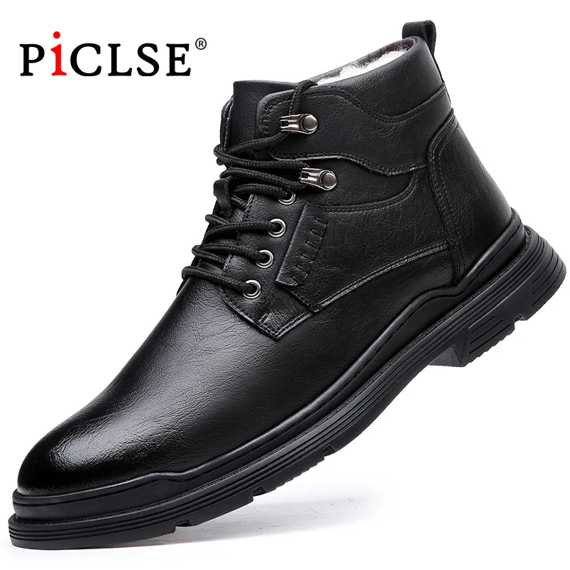

PICLSE Luxury Brand Genuin Leather Men Boots Comfortable Warm Ankle Winter Boots Business Men Botas Hombre