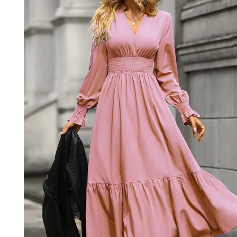 Elegant Ladies Dress Solid Color V-neck Pullover Lantern Sleeve A-line Folded Waist Long Sleeved 2024 Autumn New Item