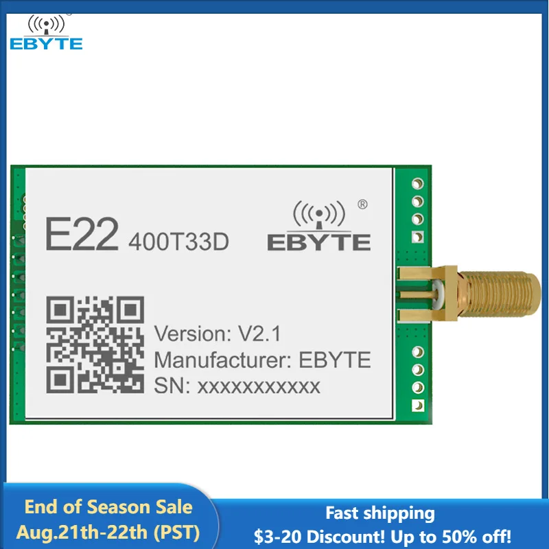 

SX1268 Lora Wireless Module 33dBm 400MHz EBYTE E22-400T33D-V2.1 Long Distance 16KM RSSI SMA-K Small Size UART DIP Module