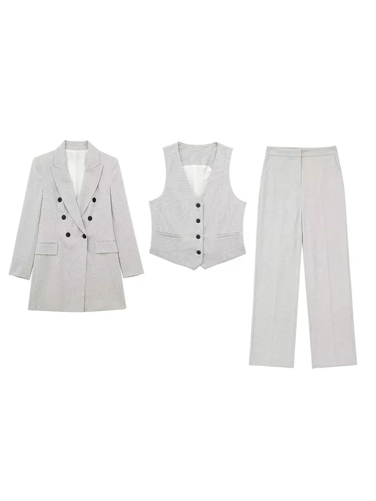 

Элегантный Однотонный женский костюм-тройка, шикарный двубортный жакет с лацканами, облегающий мини-жилет, осень 2023, Офисная повседневная женская одежда