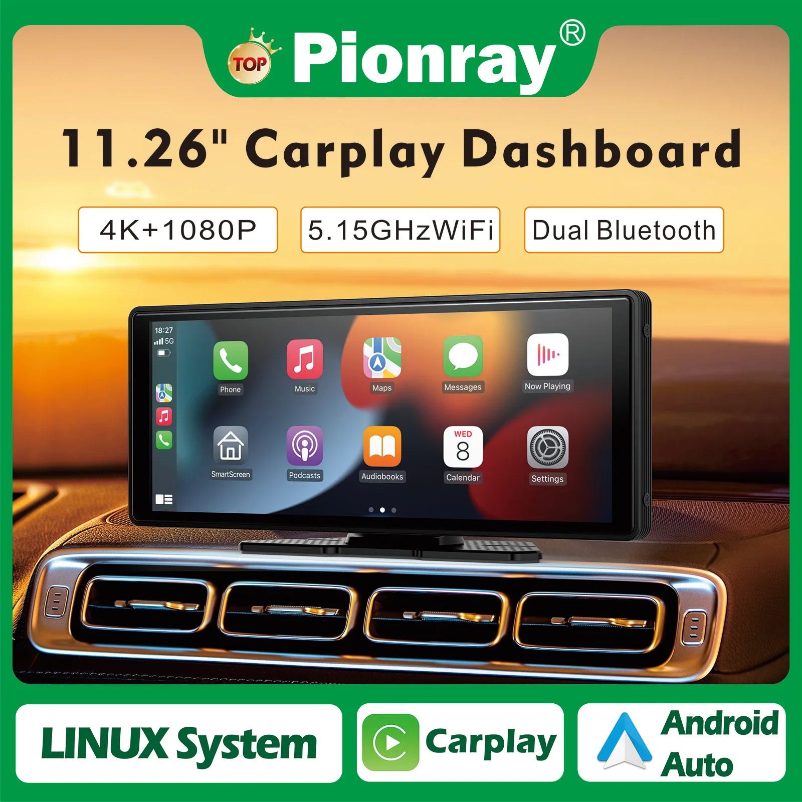 Фото Pionray 9/11,26-дюймовый экран CarPlay, мультимедийный видеоплеер, радио FM, совместимый с автомобильным воспроизведением Android Auto и Apple Carplay/GPS №1