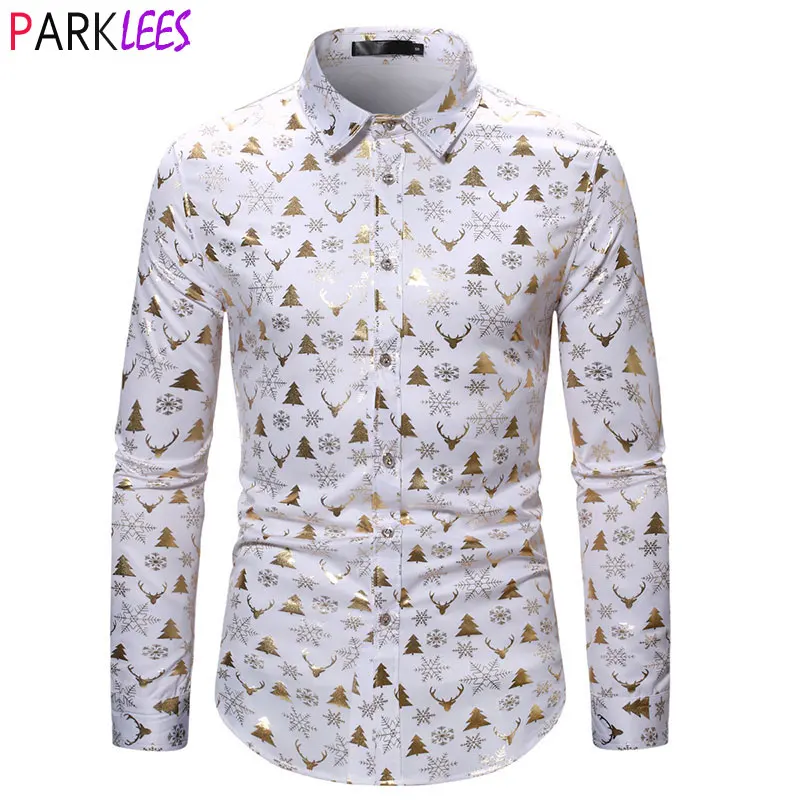 

Golden Elk Print Christmas Shirt Men 2022 Fashion New Long Sleeve Xmas Party Mens Dress Shirts Stage Prom Navidad Camisas 2XL