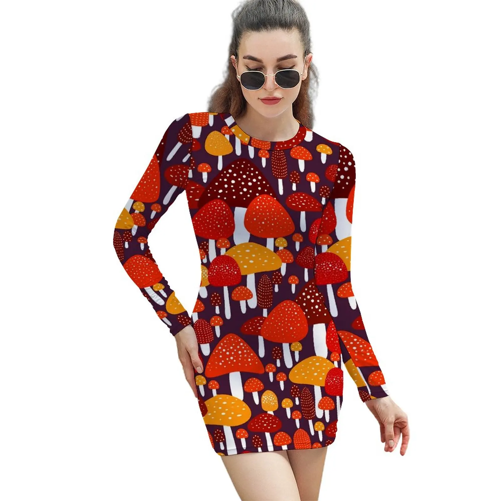

Magic Mushroom Bodycon Dress Woman Colorful Mushrooms Elegant Dresses Spring Long Sleeve Korean Fashion Design Dress Big Size