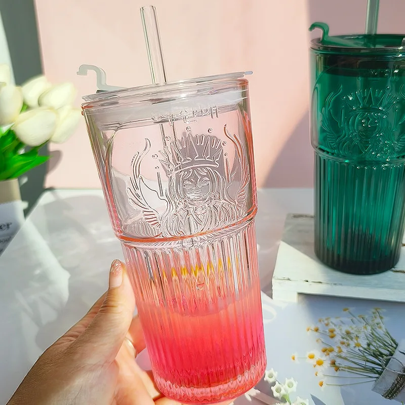 

High Beauty New Goddess Cup Cherry Blossom Pink Gradient Peach Blossom Goddess Glass Straw Cup Embossed Straw Cup Star Coffee