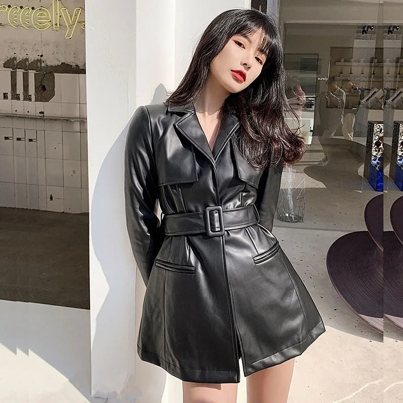 Streetwear Fashion Women Slim Black Soft Faux PU Leather Coat With Sashes 2023 Spring Lapel Long Sleeve Female Motorcycle Jacket