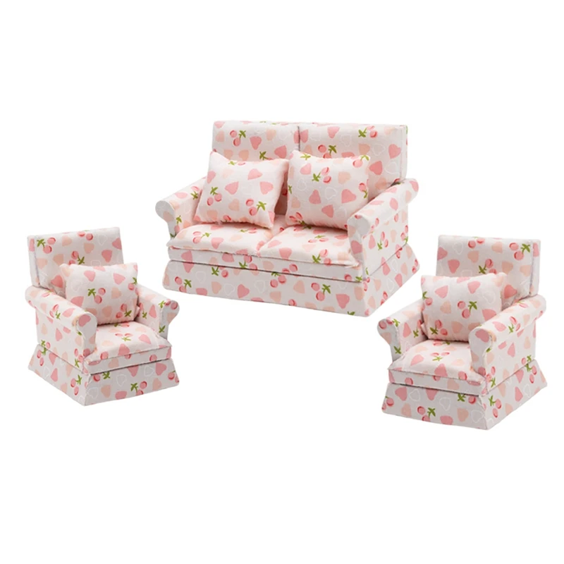 

3Pcs Dollhouse Sofa Fabric Sofa With Pillow 1:12 Scale Miniature Dollhouse Furniture Living Room Dollhouse Decoration