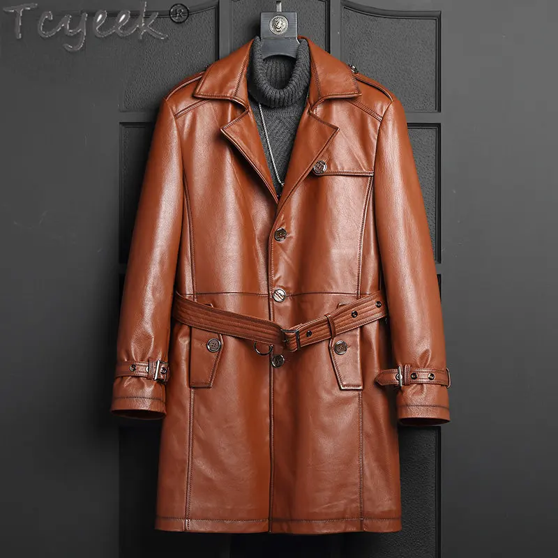 

Tcyeek 2022 New Real Leather Jacket Men's Top Layer Cowhide Trenchcoat Leather Down Jacket Male Winter Slim Coat Chaqueta Hombre