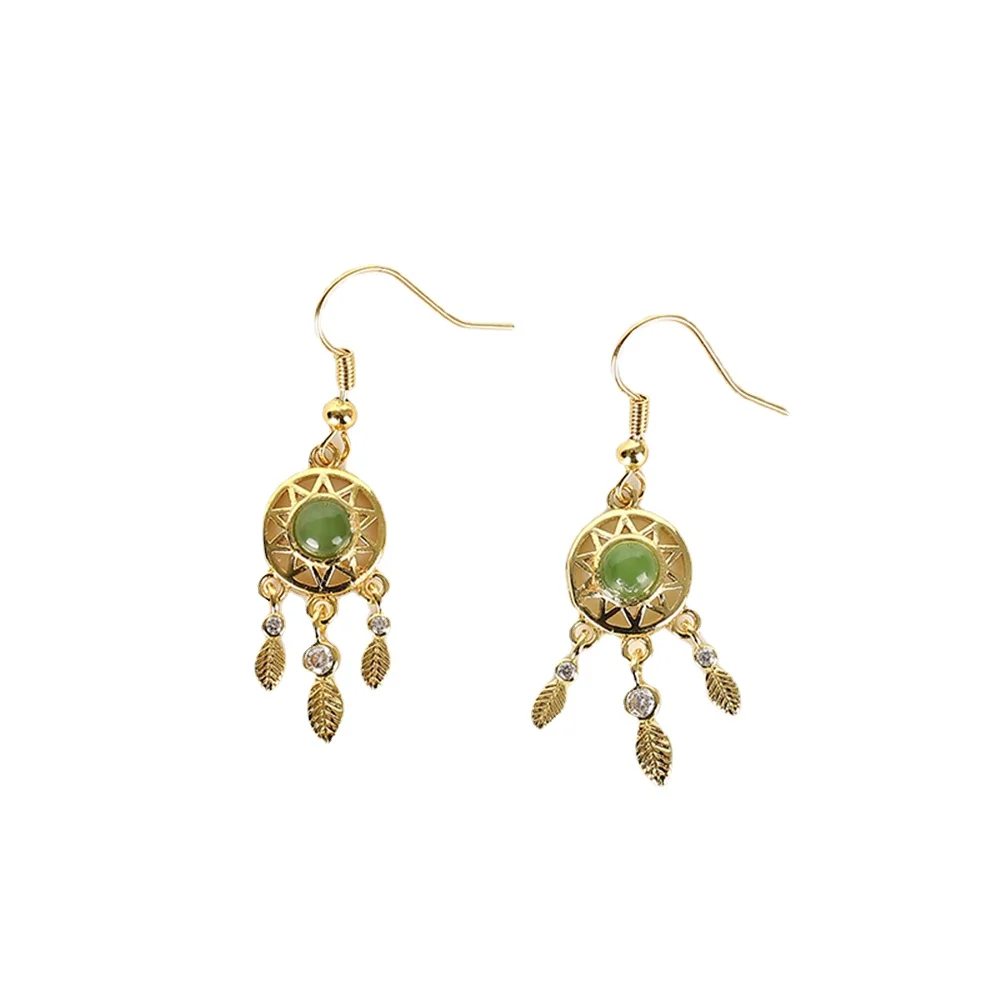 

14k Gold Natural Green Jade Earrings for Women Dream Catcher Earrings Gold Hooks