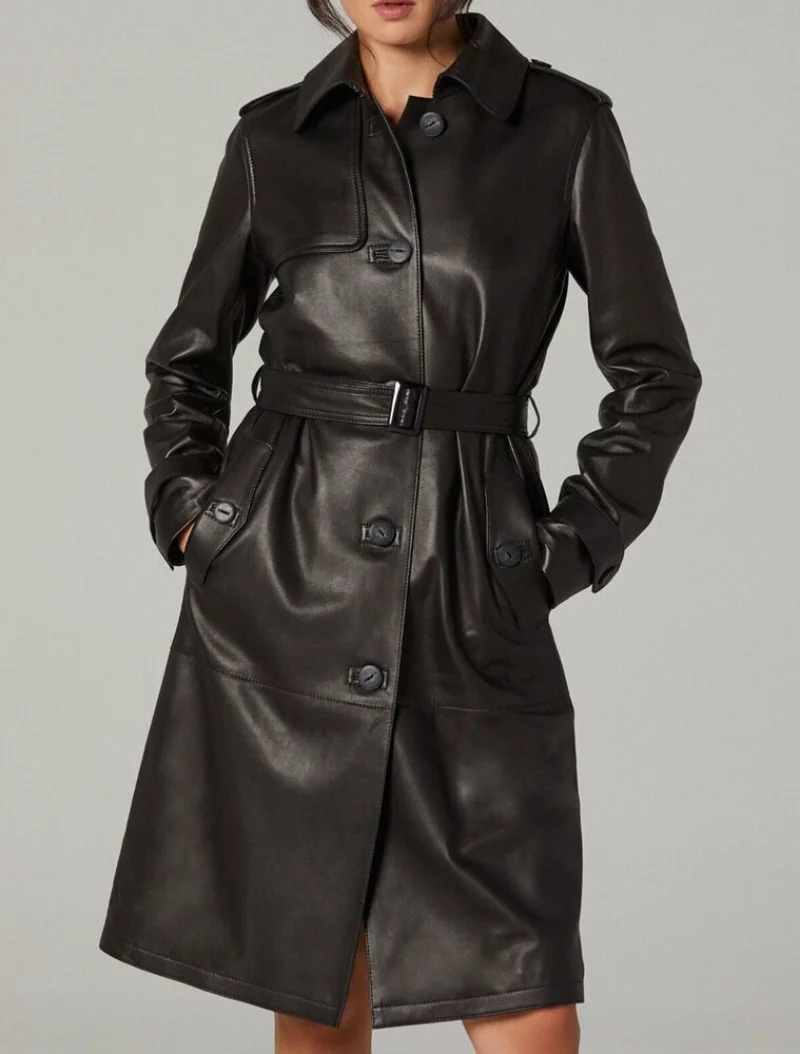 Women Leather Trench Coat Women Black Buttoned Knee Length Warm Coat Christmas