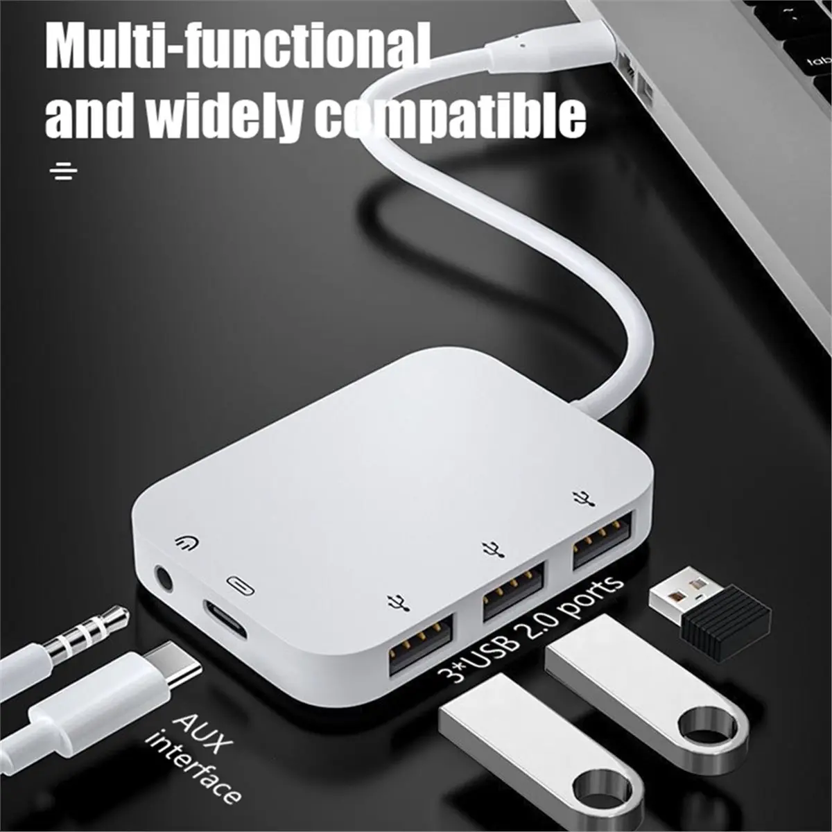 Фото Адаптер-хаб A93P Type-C с 3xUSB/разъемом 3.5 мм для аудио и портом зарядки PD для ноутбуков PixelBook. №3
