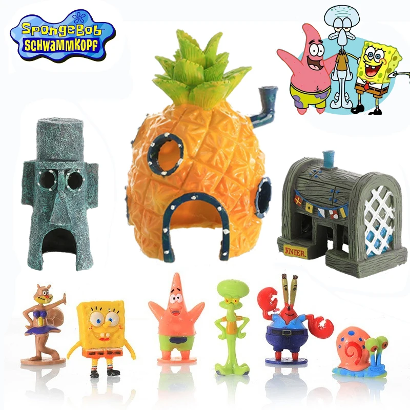 

6pcs/8pcs SpongeBob SquarePants Fish Tank Decoration Anime Aquarium Doll Decoration Cartoon Pineapple House Crab King Decoration
